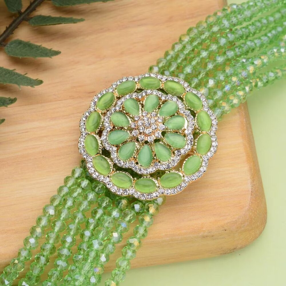 Beaded Green Magic Color Glass & Austrian Crystal Bracelet & Cat's Eye Brooch